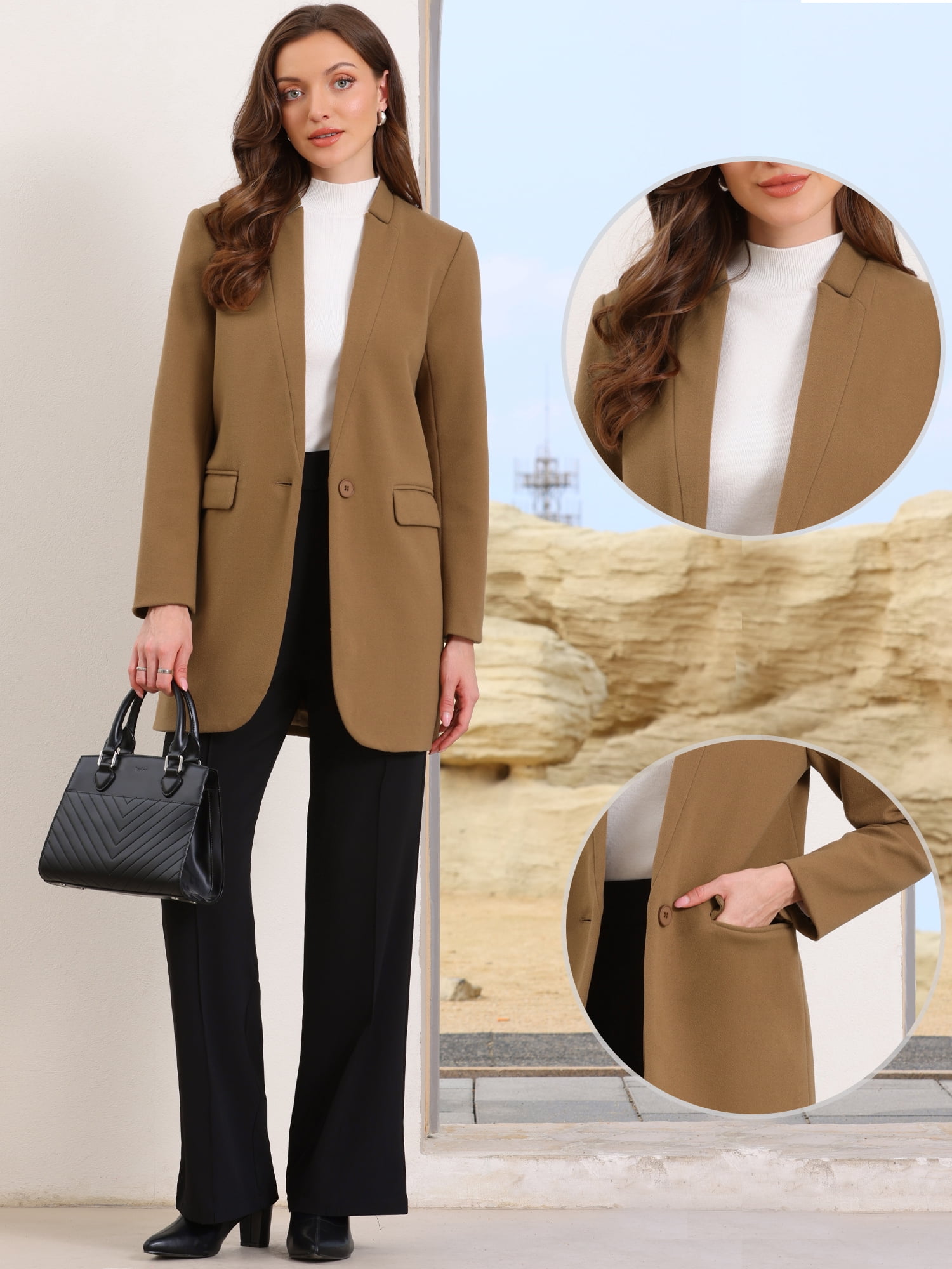 DARING DIVA Women's Business Button Down Notch Collar Dressy Blazer Jacket XS Khaki