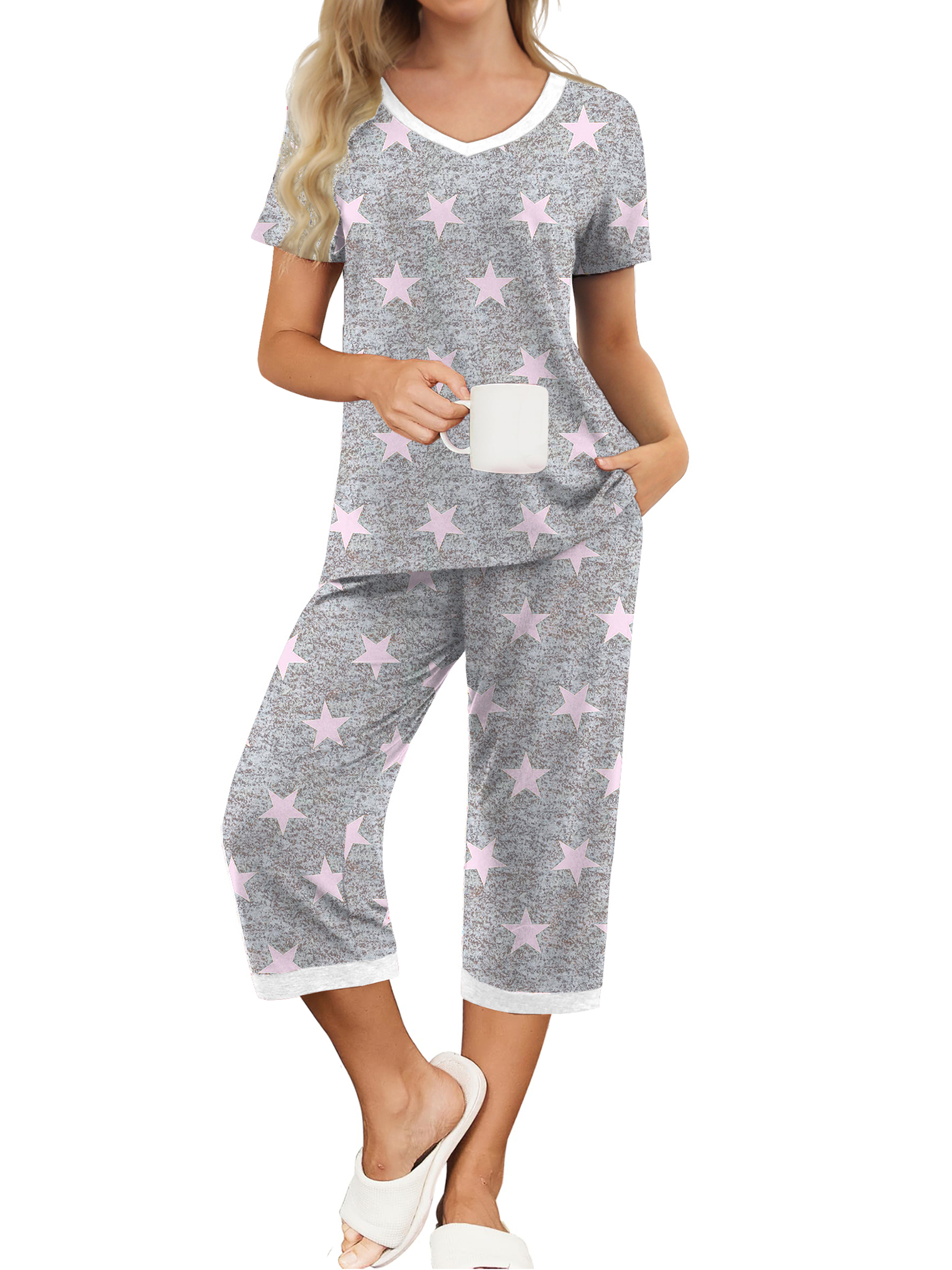 MINTREUS Women's Short Sleeve Pajama Set with Capri Pants photo 1