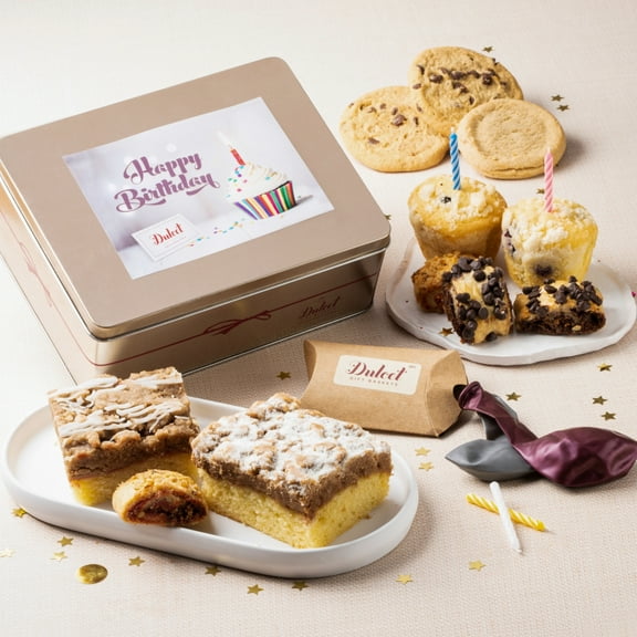 Dulcet Gift Baskets Happy Birthday Deluxe Bakery Gift Box, Includes Fresh Raspberry and Old Fashioned Crumb Cake