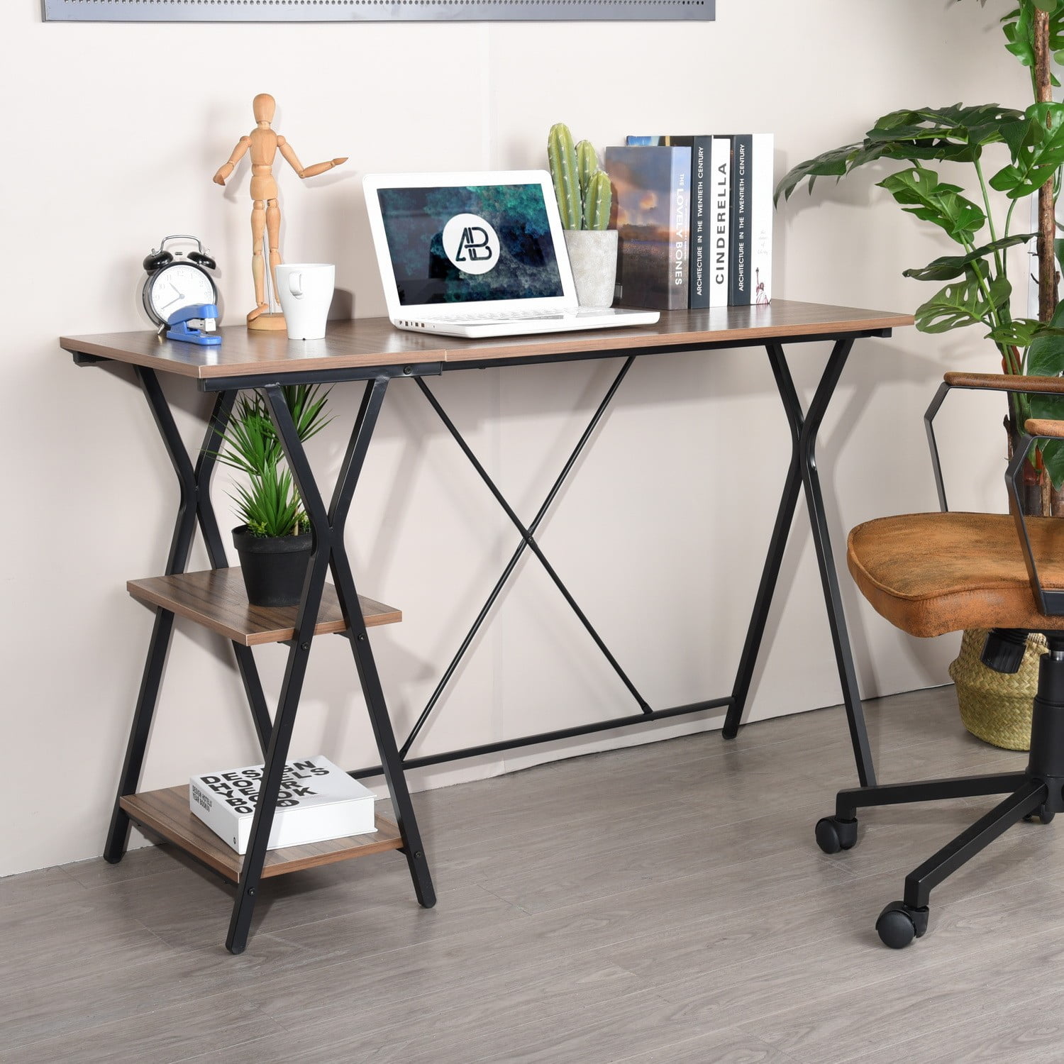 iMucci Writing Computer Desk 47.2", Home Office Study Desk with 2 Storage Shelves on Left Side, Industrial Simple Style Wood Table Metal Frame for PC Laptop Notebook