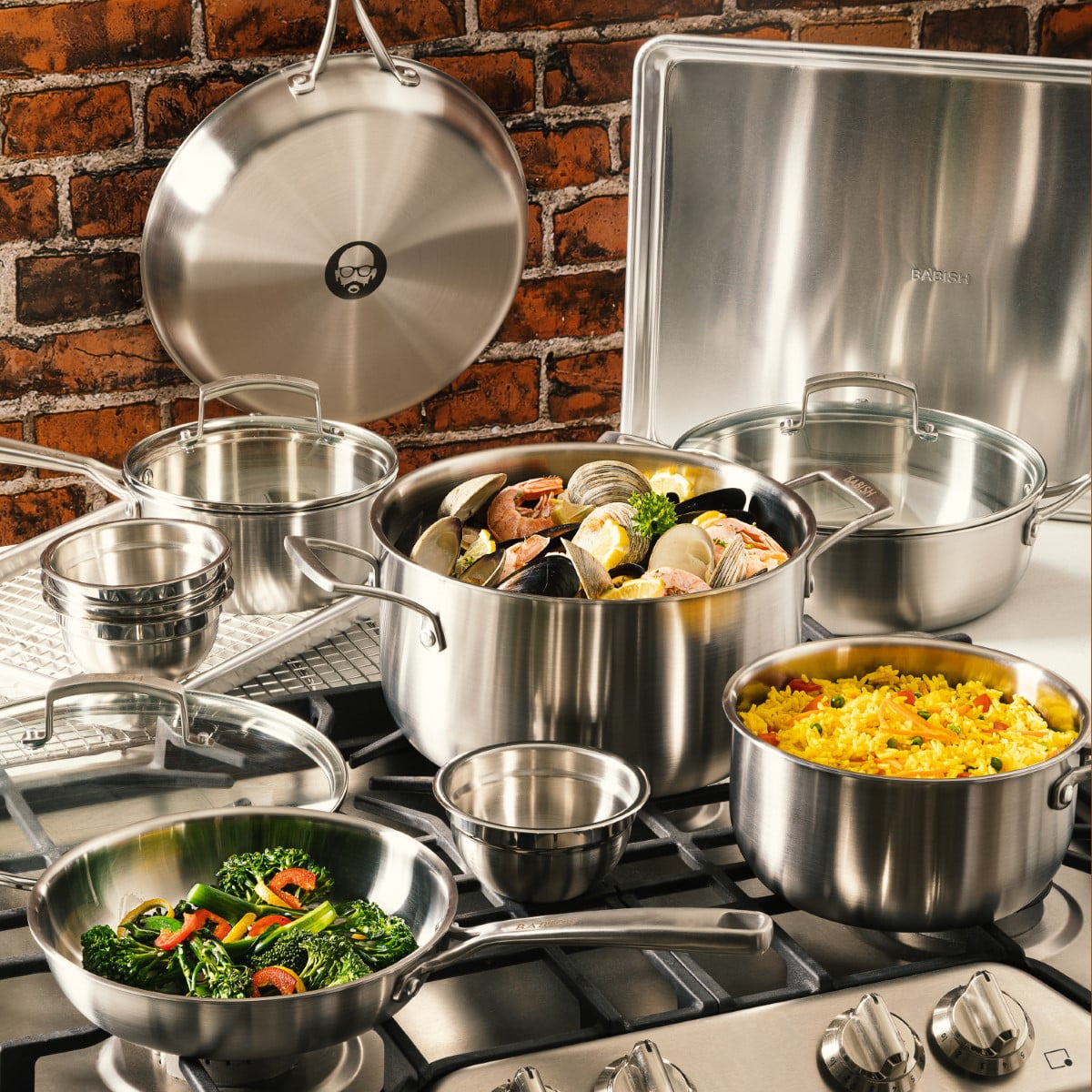 Babish 12-Piece Mixed Material (Stainless Steel, Carbon Steel, & Aluminum)  Professional Grade Cookware Set W/ Baking Sheets 