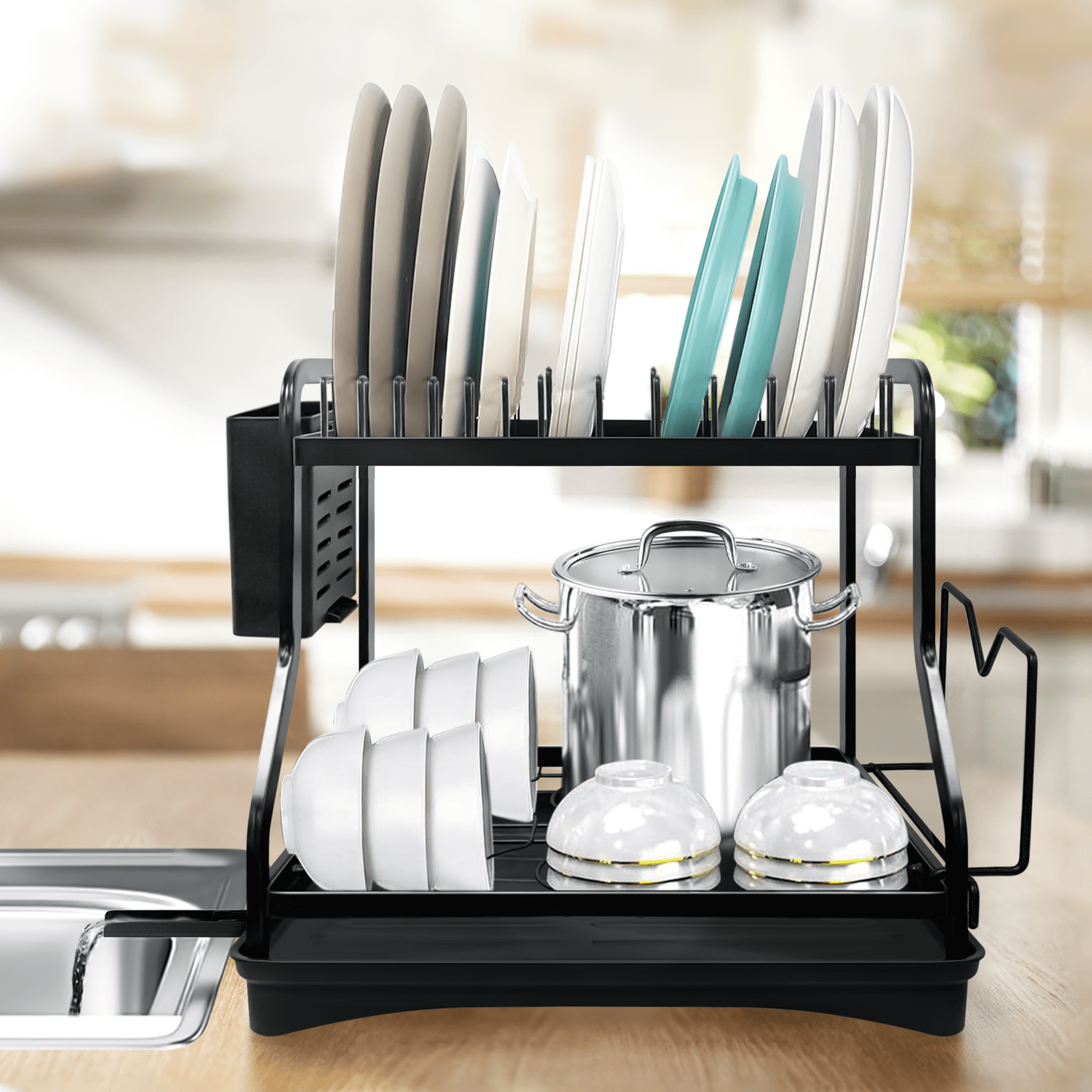  Dish Drying Rack, Aluminum 2-tier Multifunctional 7-in-1 Dish  Racks for Kitchen Counter with Drainboard, Rustproof Detachable Large  Capacity Dish Drainer with Wine Glass Holder, Utensil&knife Holder
