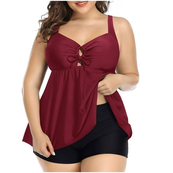 Cute Bikinis, Wamans Plus Size Women Swimsuit High Waist Solid Conservativesplit Swimwear Red XXXL Clearance