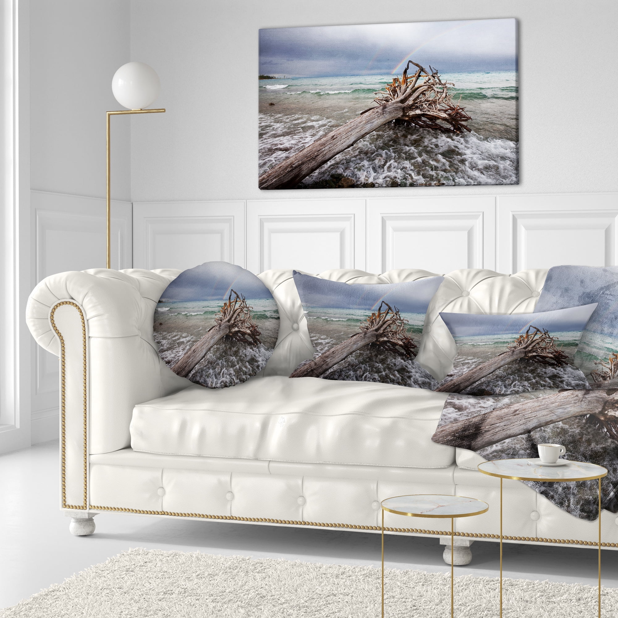 Designart Fallen Tree in Storm At Seashore - Seascape Throw Pillow - 12x20