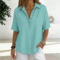 thumbnail image 2 of Women Button Front Lapel Short Sleeve Shirt Casual Solid Top,Mint Green,XL, 2 of 4