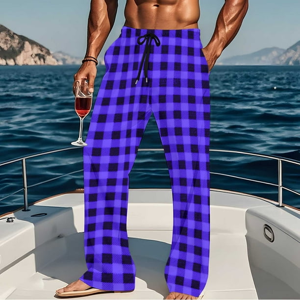 Pantalones de pijama largos para hombre, informales, con estampado a cuadros, holgados, deportivos, elásticos, rectos, vintage, con bolsillos
