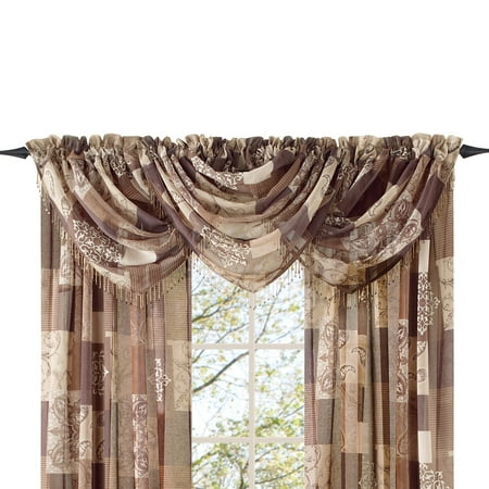 Renaissance Stripe - Style Master Renaissance Home Fashion Jasmine Tile Print Sheer Waterfall Valance, 47 by 38-Inch, Valance, Mocha