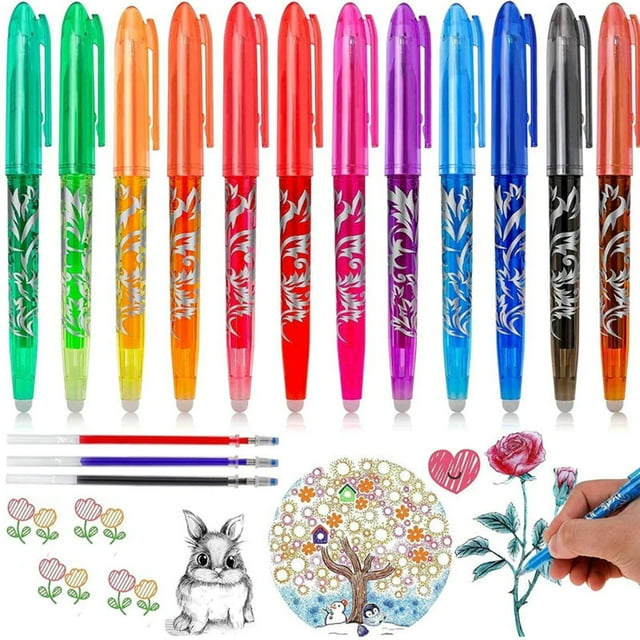 Renjiang 12 Colors Retractable Erasable Gel Pens Clicker, Fine Point(0.5), Make Mistakes Disappear, Premium Comfort Grip for Drawing Writing Planner and School Supplies