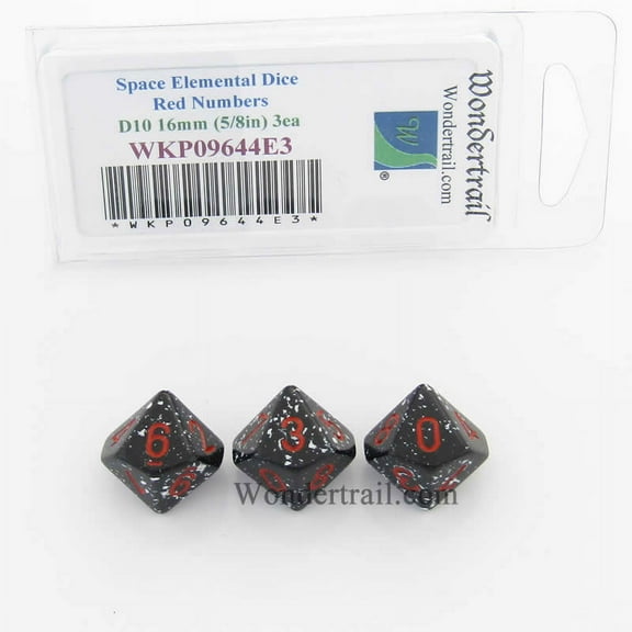 Space Elemental Dice with Red Numbers D10 16mm (5/8in) Pack of 3 Wondertrail