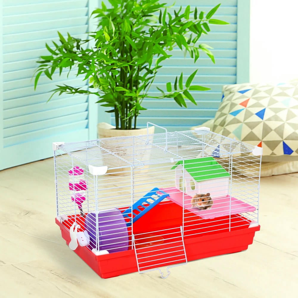 GVN Hamster Cage, Small Hamster Habitat,18.5" Hamster Cage with Exercise Wheel and Water Bottle, Dish, Rat House and Habitat 2-Story Design, Red