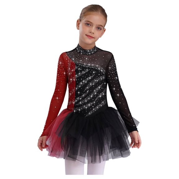 inlzdz Figure Skating Dress for Girls Long Sleeve Ballet Dance Skirted Leotards Gymnastics Outfit Black Burgundy 8