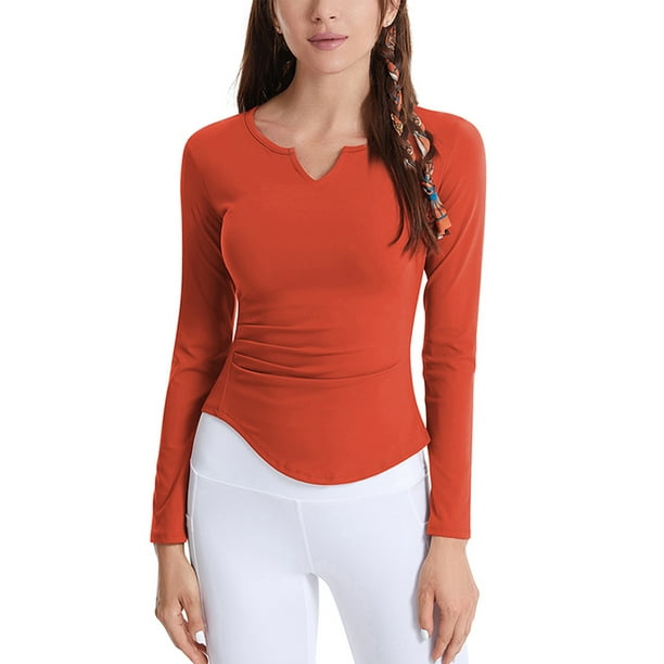 LUXUR Ladies Yoga T-Shirts Solid Color Tee Long Sleeve Workout Top Comfy  Blouse V Neck T Shirt Orange Red XL 