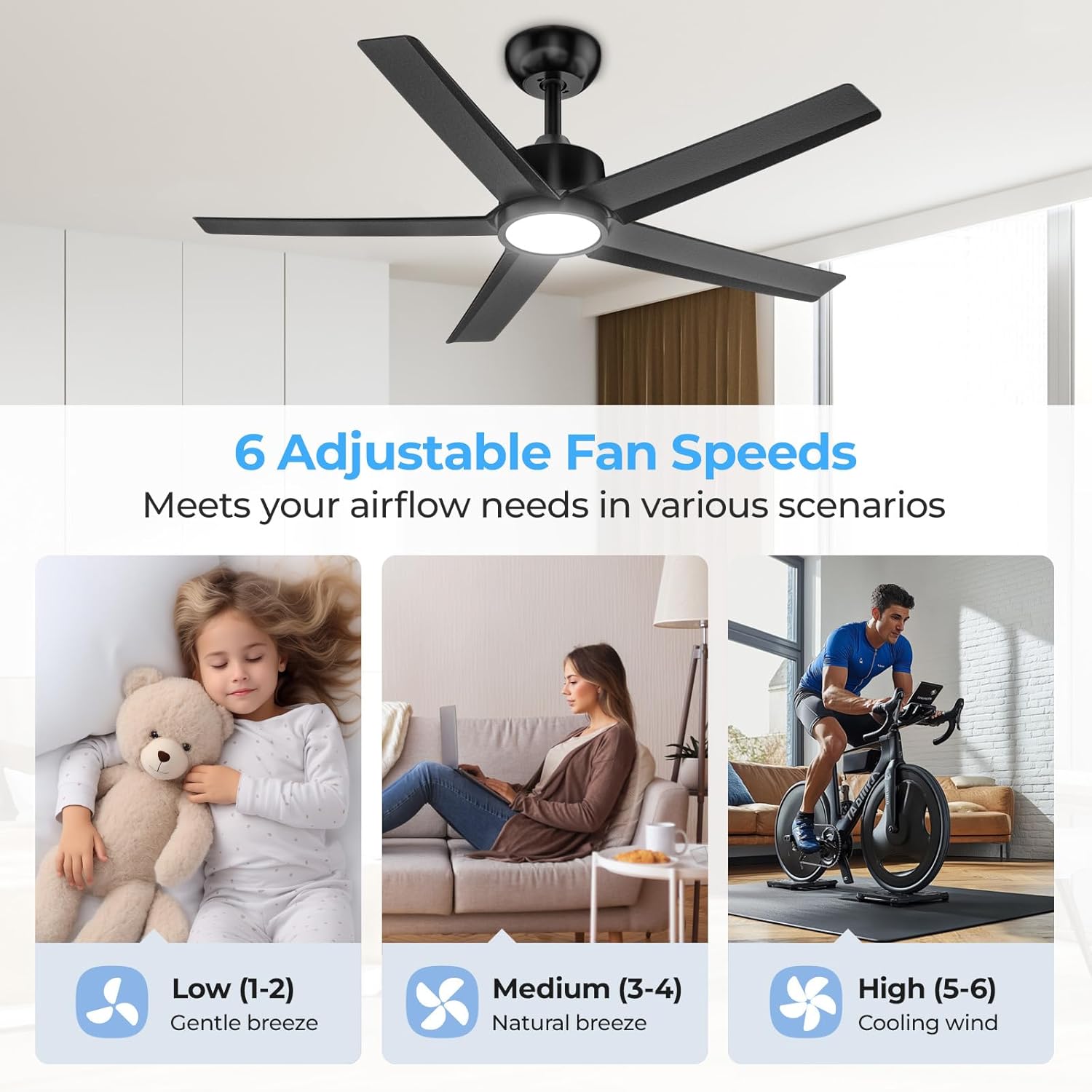 44 Inch Black 5-Blade Modern Ceiling Fan with Dimmable 3CCT LED Light, Reversible DC Motor, Wireless Remote & 2/4/8H Timer for Living Room Bedroom Kitchen