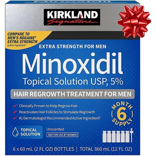 tratamiento para el crecimiento del cabello kirkland signature minoxidil 5% caja frontal centrada con diseño azul: vista frontal del empaque que muestra 'Minoxidil Topical Solution USP, 5%', logotipo Kirkland Signature en la parte superior, banda gris con 'Hair Regrowth Treatment for Men', sello '6 month supply' y pictograma de seis frascos con gotero; apto para uso diario según empaque y a menudo se guarda en estuche de viaje compacto.