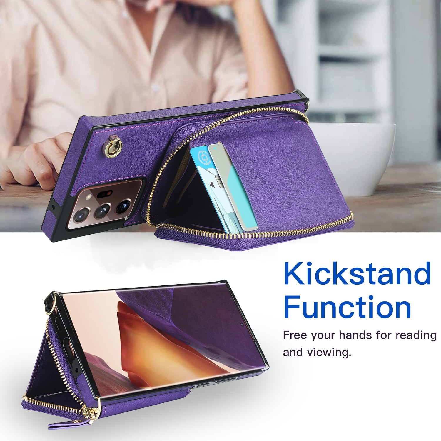 TECH CIRCLE For Galaxy Note 10+ Wallet Case,Card Holder Phone Case for Women, Zipper PU Leather Purse Kickstand Folio Flip Case with Crossbody Strap for Samsung Galaxy Note 10 Plus 5G 6.8” 2019,Purple