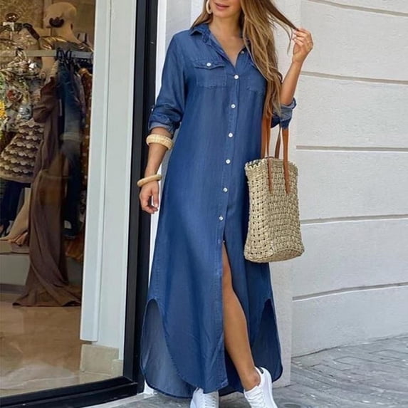 Tejiojio Fall Clearance Fashion Womens Casual Loose sexy Long Sleeve Pocket Button Shirt Print Dress