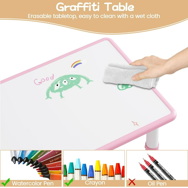 GloryStar Height Adjustable Kids Table and 6 Chairs Set - Graffiti Desktop, Easy-to-Clean Arts & Crafts Table with Non-Slip Legs, Detachable Storage Box for Daycare, Classroom, and Home