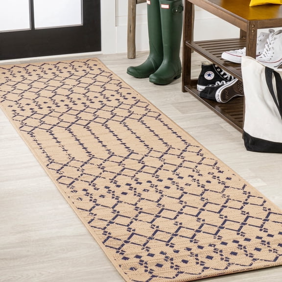 JONATHAN Y SANTA MONICA 2 x 8 Runner Rug, Ourika Moroccan Geometric Textured Weave - Beige/Navy, SMB108H-28