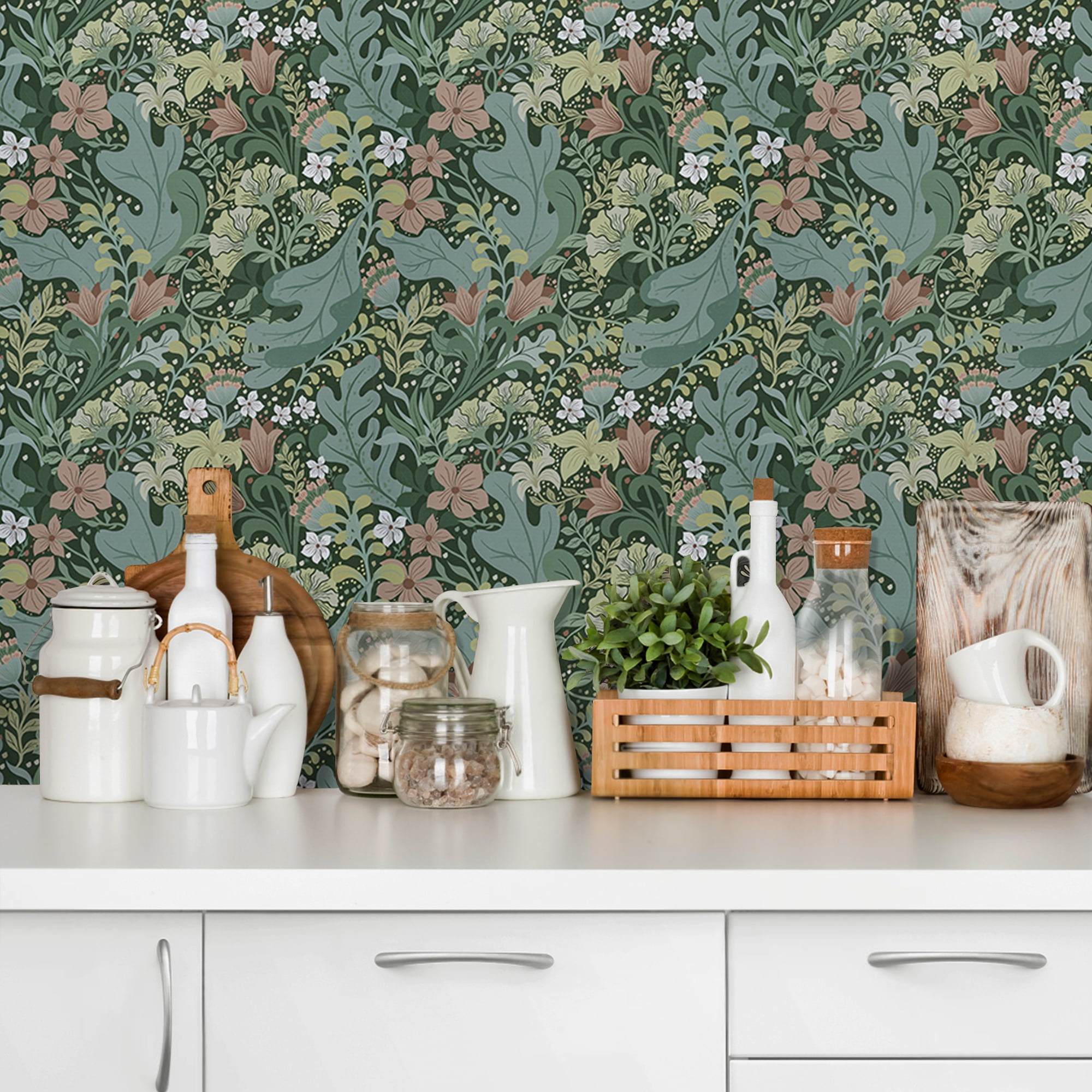 UMIGGEE 17.3-in x 236-in Peel and Stick Wallpaper Green Floral Wallpaper Self Adhesive Removable Wallpaper Waterproof Contact Paper for Living Room Bedroom Decor