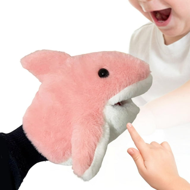 Marionetas de mano para niños, guante de animal, juguete de simulación, juguete de peluche, títere de tiburón para espectáculos de teatro, suministros rosa