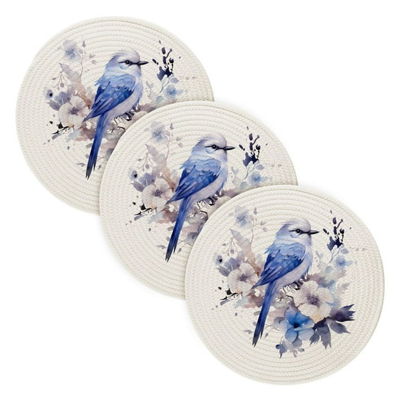 Bird on Flowers Tree 3 PCs Pot Holders Trivets Kitchen 15" Cotton Pans Hot Plate Mats Teapot Coasters Table Protects Large Potholders