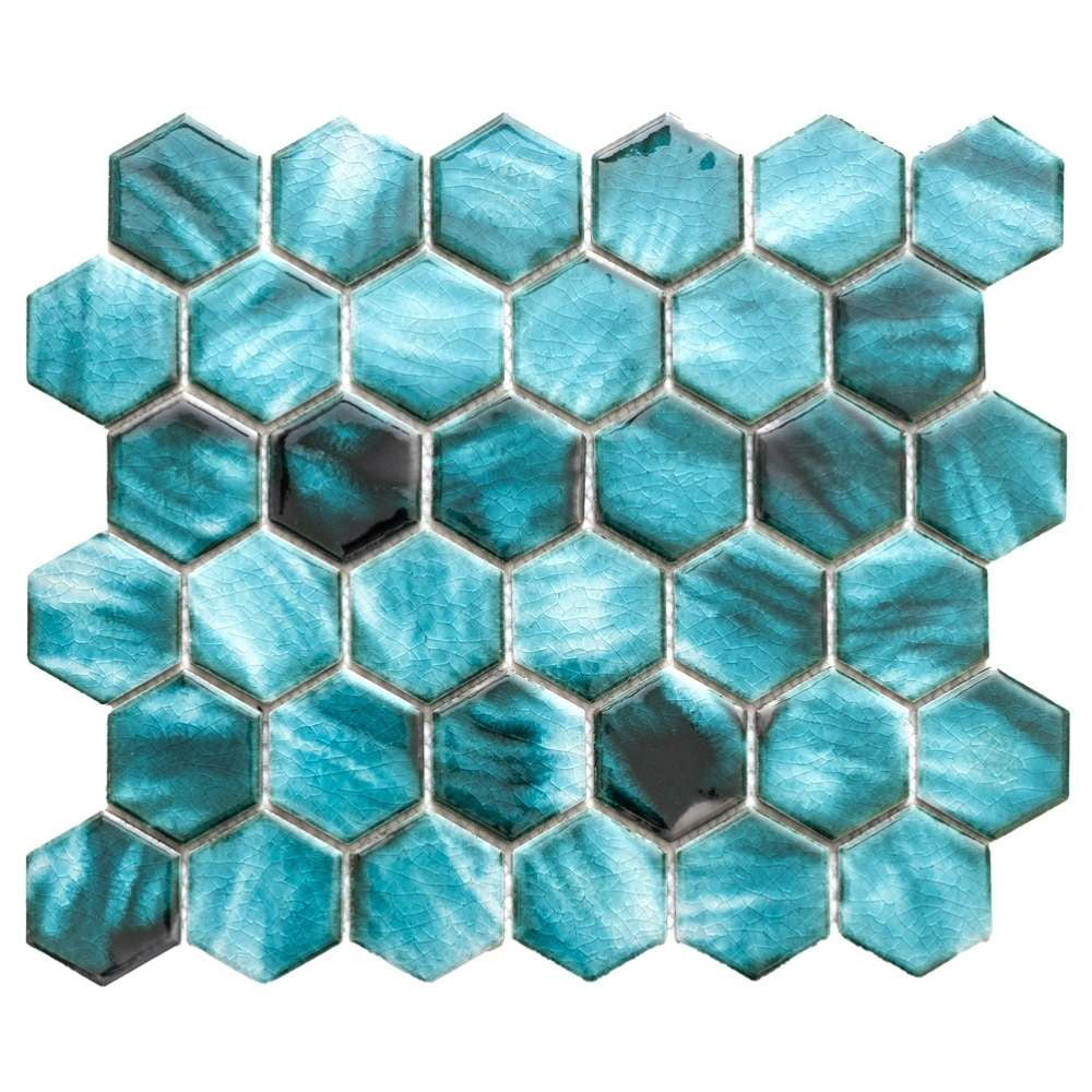 The Tile Life Agate 2 in x 2 in Hexagon Azules Glossy Porcelain Mosaic Wall Tile 1 Sheet