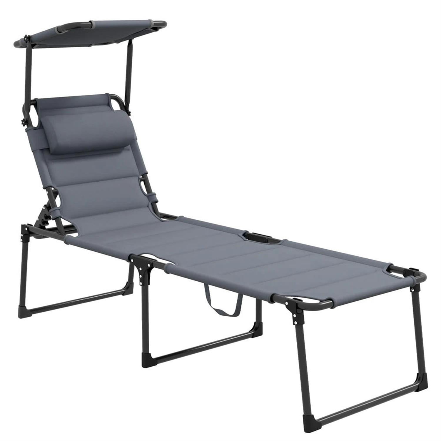 Demi Bonn Outdoor Folding Lounger with 4-Position Reclining, Pillow & Sun Canopy for Relaxing Patio, Deck, Comfortable Sun Protection Seating, Gray