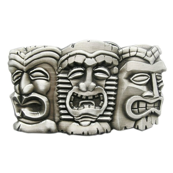 Jean's Friend Vintage Three Tribal Tiki Tikki Masks Hiawaii Belt Buckle