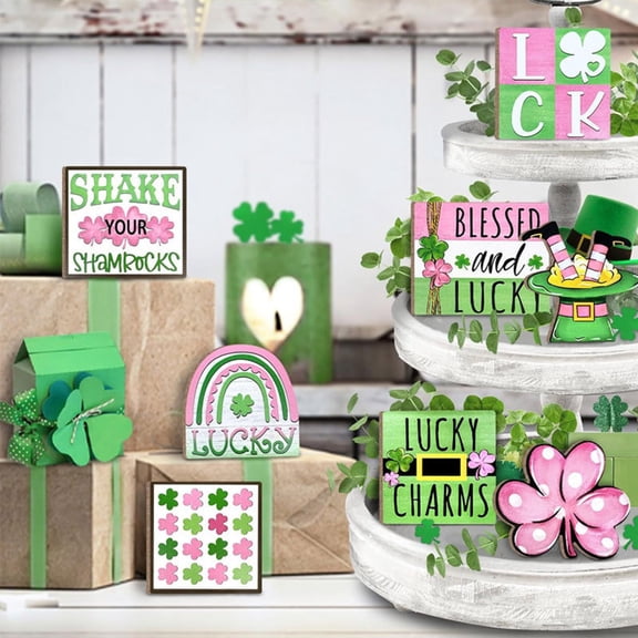8pcs St. Patrick's Day Spring Tiered Tray Decor Set, Irish Wooden Signs - Farmhouse Table Windowsill Fireplace Decorations