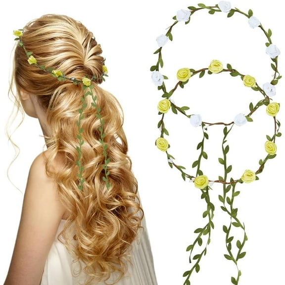 1 Set 2Pcs 2 Colors Polyester Artificial Rose Garland Headbands Flower Crown Headbands for Women Girls Mixed Color Inner Diameter: 185~190mm 1pc/color