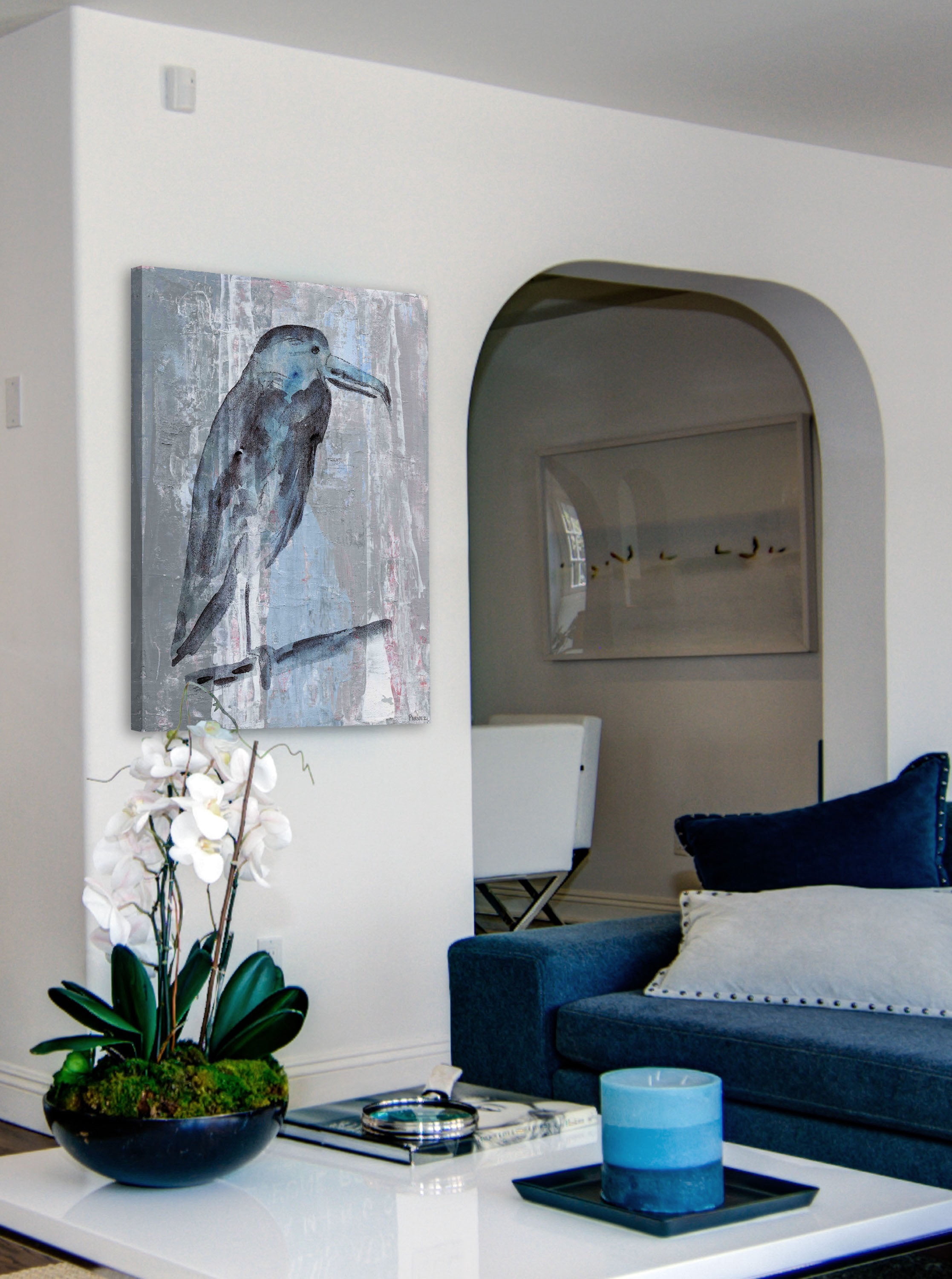 "Blue-Grey Bird" Painting Print on Wrapped Canvas
