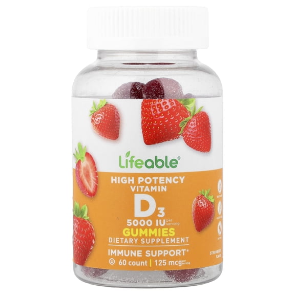 Lifeable High Potency Vitamin D3 Gummies, Strawberry, 60 Gummies (62.5 mg (2,500 IU) per Gummy)
