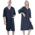 thumbnail image 3 of Couples Long Nightgown Zipper Front Bathrobe Oversized Full Length House Coat with Pockets,V Neck Waffle Plaid Loose House Dress Half Sleeve Soft Loungewear Casual Sleepwear Nightshirt,S-XL Navy, 3 of 7