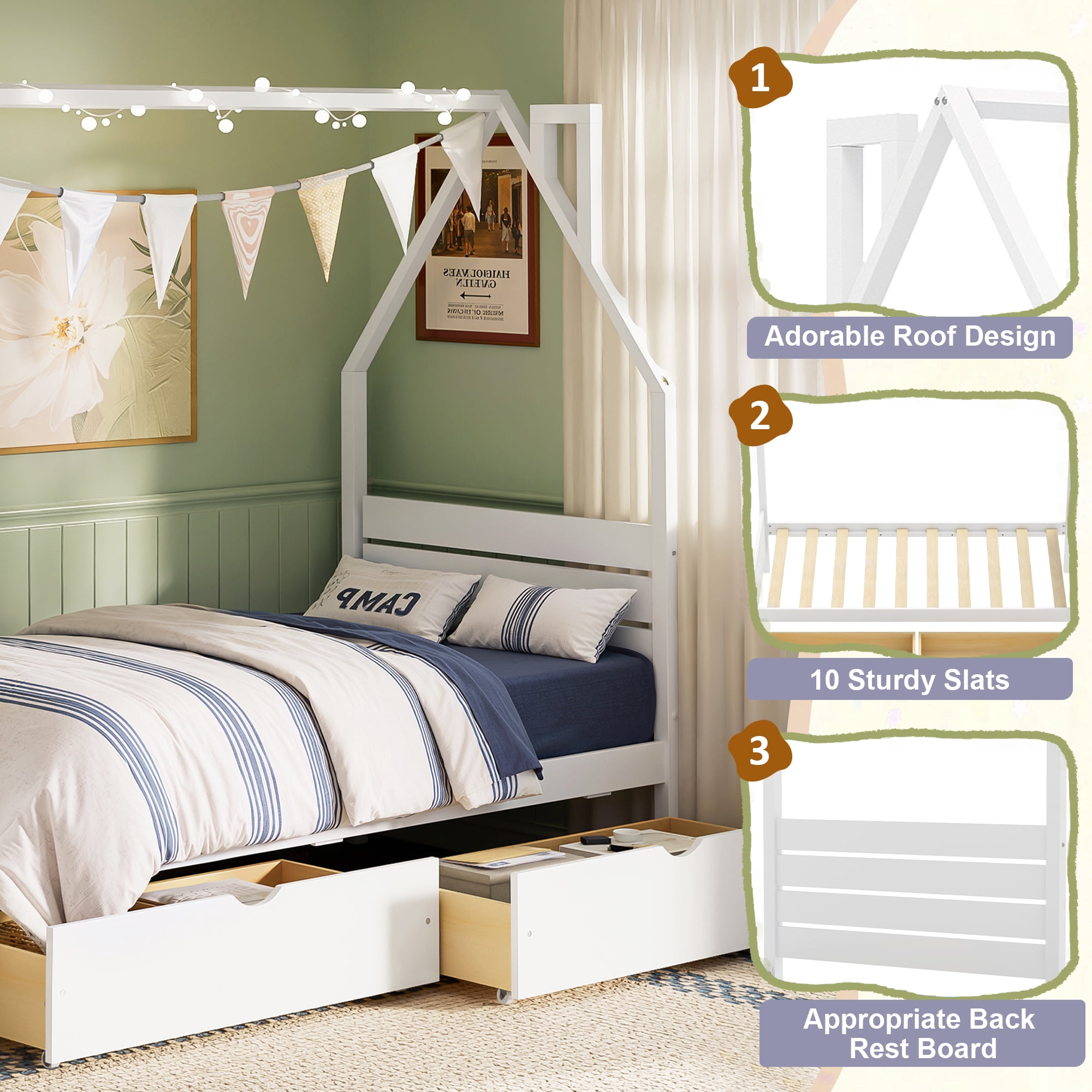 Euroco Wood Twin Size Platform Bed with Drawers, Montessori House Bed, White