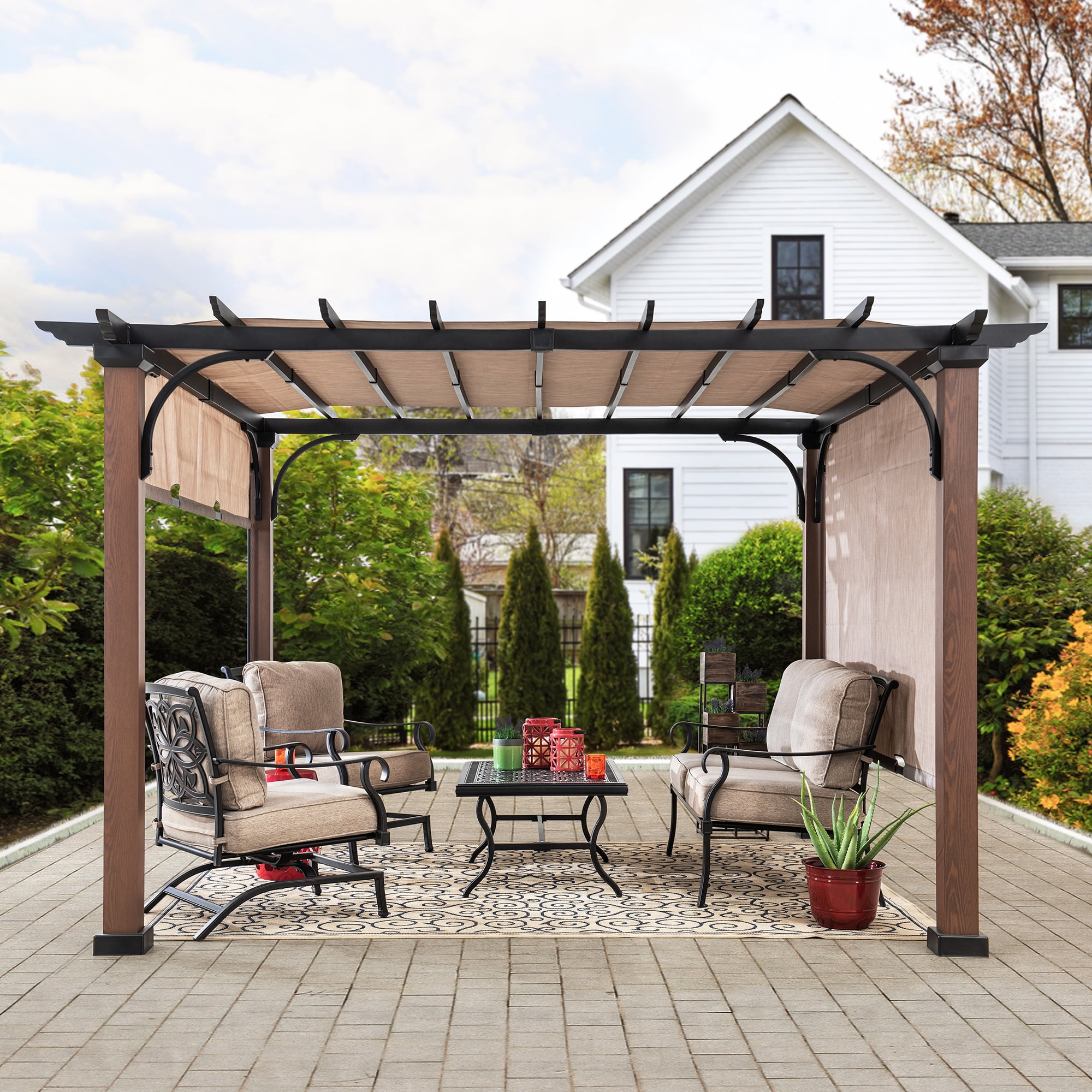Sunjoy 11 x 11 ft. Metal Pergola with Natural Wood Looking Finish and ...