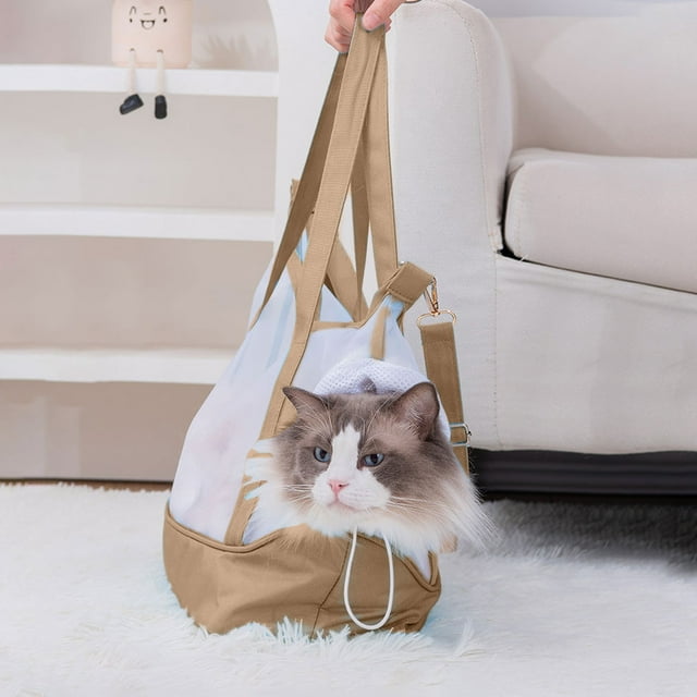 Sac de Transport pour Chat Pliable à Bandoulière en Maille Transparente avec Sangle Réglable Anti-Évasion Design Ventilé Compact Portable pour Voyage