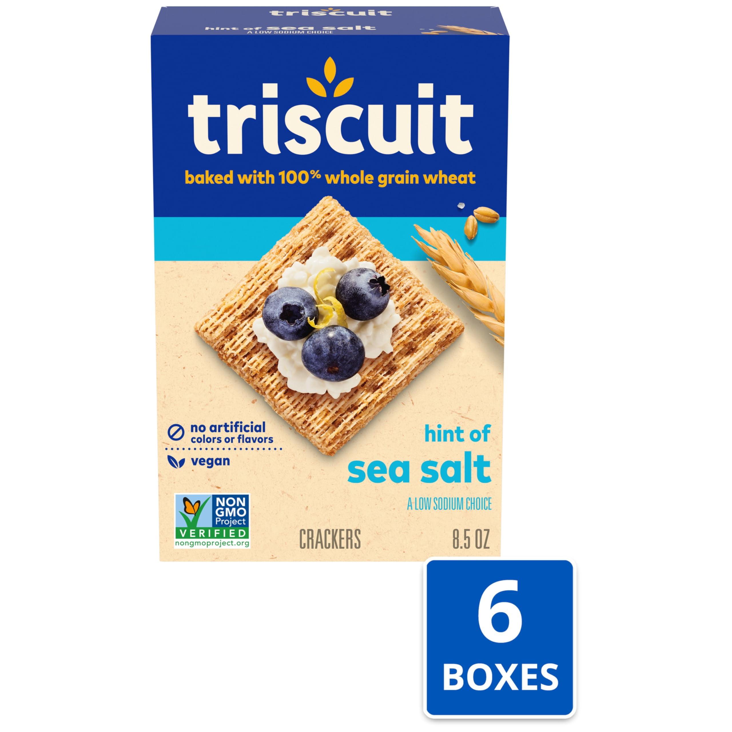 Triscuit Hint of Sea Salt ;Whole Grain Wheat Crackers, Vegan Crackers, Vegan Snacks, Bulk Snacks, 6 - 8.5 oz Boxes