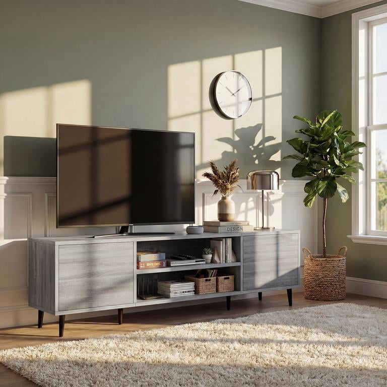 Vineego TV Stand for 70 Inch TV with 2 Push-to-Open Doors, Mid-Century Modern Media Console with Open Shelves, Entertainment Center for Living Room Bedroom, Gray