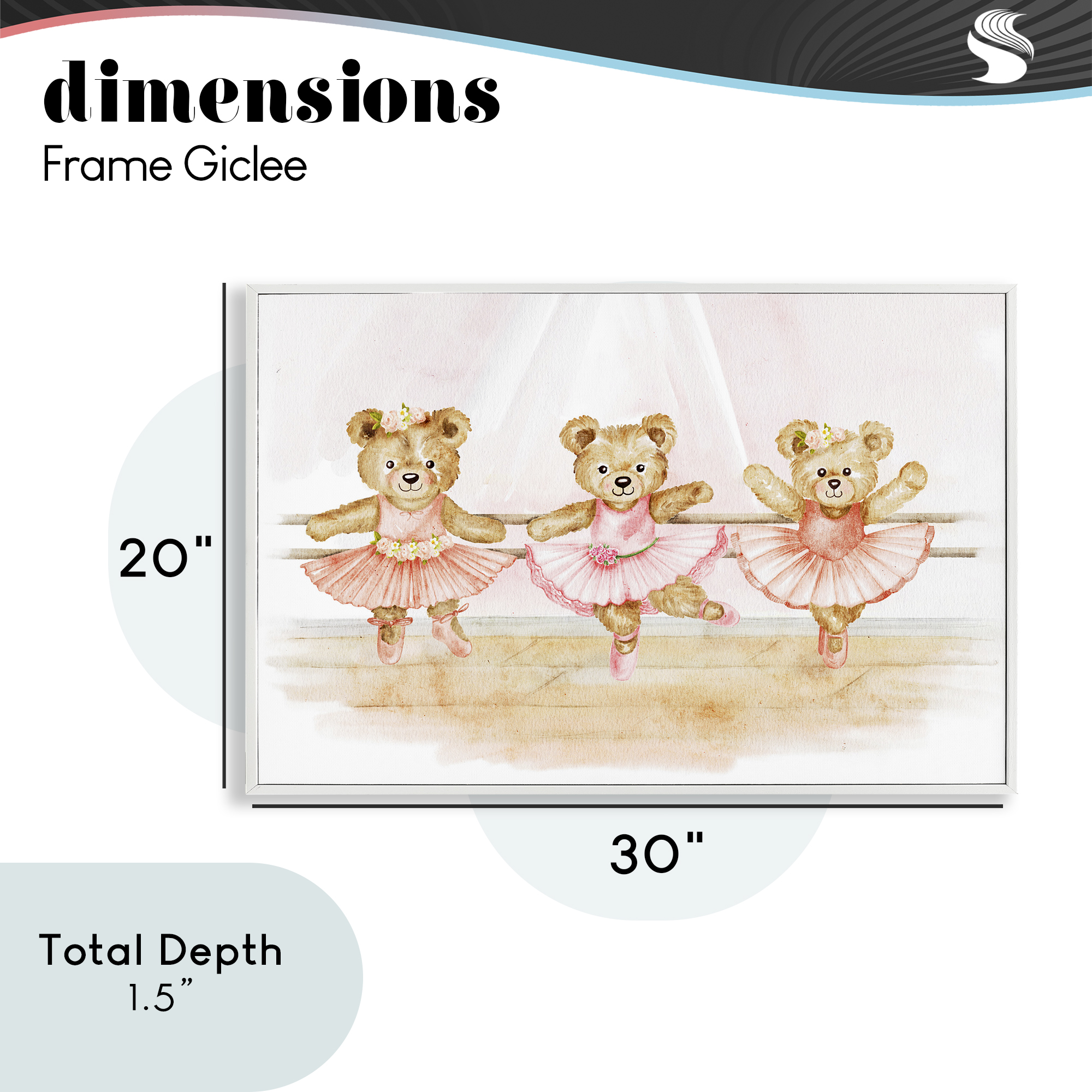 Ballet Teddies Triplet White Framed Giclee Art, design by Amy Hall