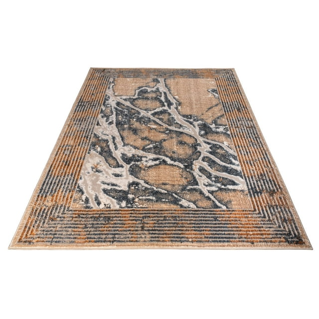 LaDole Rugs Abstract Rustic Bordered Area Rug - Carpet for Living Room, Bedroom, Dining, Hallway - Beige Silver 3x5 3x10 4x6 5x8 6x9 8x10 9x12