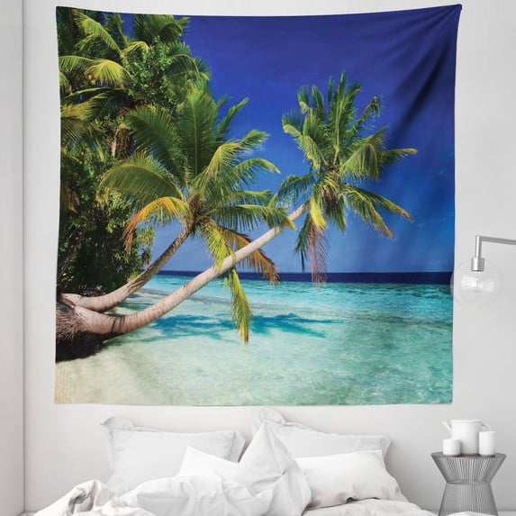 Holiday Tapestry, Maldives Bay Paradise Resort Summer in Pacific Holiday Destinations, Fabric Wall Hanging Decor for Bedroom Living Room Dorm, 5 Sizes, Turquoise Navy Blue, by Ambesonne