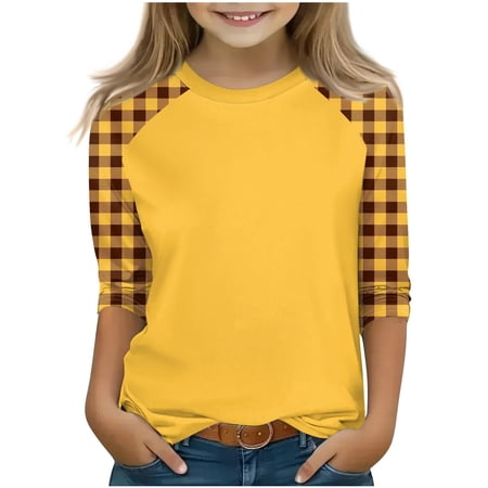 Girls 3/4 Sleeve Tshirts Colorblock Crewneck Tops Cotton Plaid/Striped/Gradient Color Raglan Tee Shirt (13 Years Yellow)