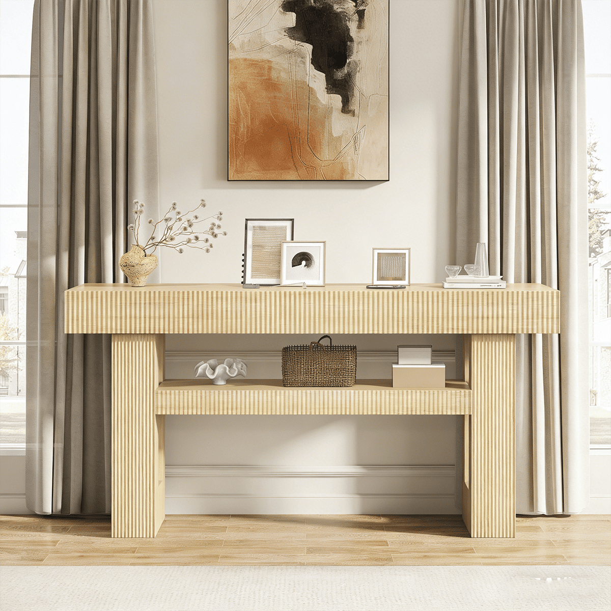 VVFLU 63-Inch Long Entryway Console Table with a Fluted Design, Thick Wood Farmhouse Sofa Table Behind Couch, Narrow Hallway Accent Table for Living Room, Foyer, Entrance, Oak