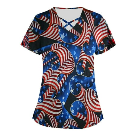 

HIMIWAY Plus Size Independence Day Printed Scrub Working Uniform Tops For Women Cross V-Neck Short Sleeve Fun T-Shirts Workwear Tee With Pockets