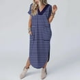thumbnail image 3 of FAIWAD Robe T-Shirt d'Été pour Femme Décontractée à Manches Courtes Ourlet Arrondi Col en V Rayée Robes Maxi Robe Bohème, 3 of 6