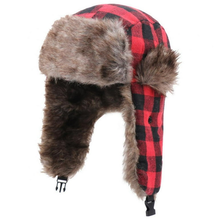 Women's Red Buffalo Check Rabbit Fur Trapper Hat