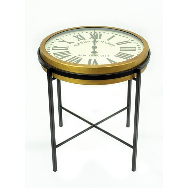 Liverpool Round End Table With Working Clock Top And Gold Black Iron Frame Walmart Com Walmart Com