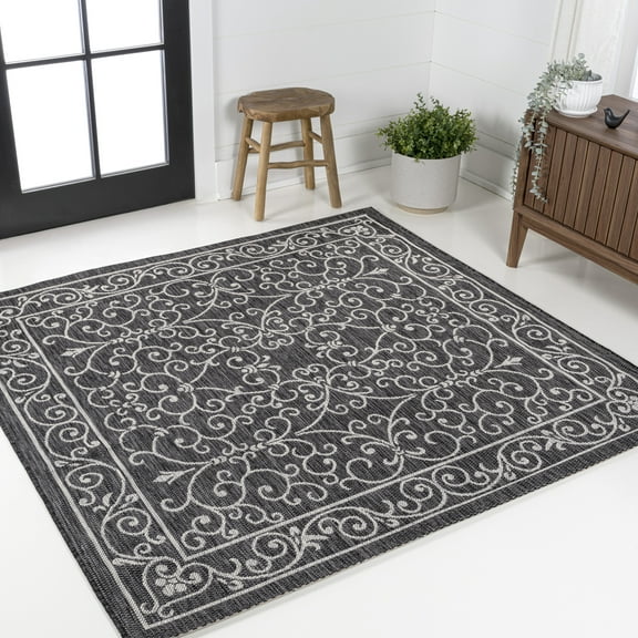 JONATHAN Y SANTA MONICA 3' Square Area Rug, Charleston Vintage Filigree Textured Weave - Black/Gray, SMB106G-3SQ