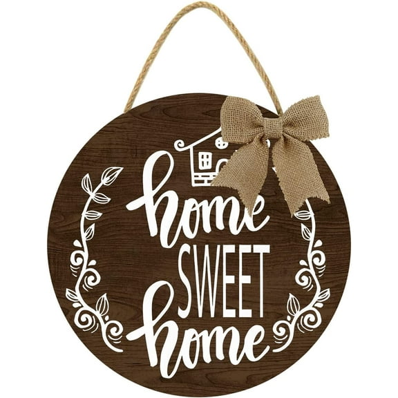 Eveokoki 12" Home Sweet Home Wreaths Decor Sign Front Door, Round Wood Hanging Sign With Ribbon Bow and Artificial Green Leaves, Farmhouse Porch Decorations for Thanksgiving