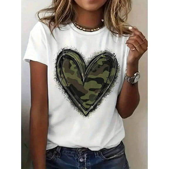[Casual Camouflage T-Shirt] Relaxed Fit Women's Casual Camouflage Heart Print T-Shirt   Short Sleeve Round Neck Top, Machine Washable Spring Summer Fashion Tee With Geometric Design, Smooth Texture F